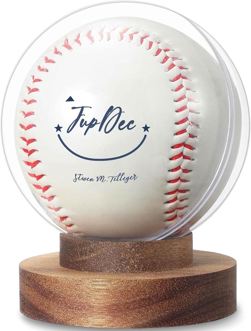 JupDec Baseball Display Case, Round Clear Ball Holder with Wooden Base, Autograph Baseball Stand Box for Single Ball, Acacia Wood, Brown - Image 1